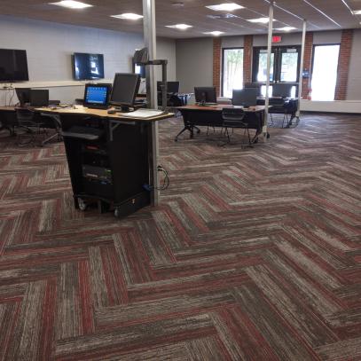 Lectern with displays on wall and tables