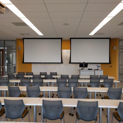 Dual Projection classroom with movable tables and chairs