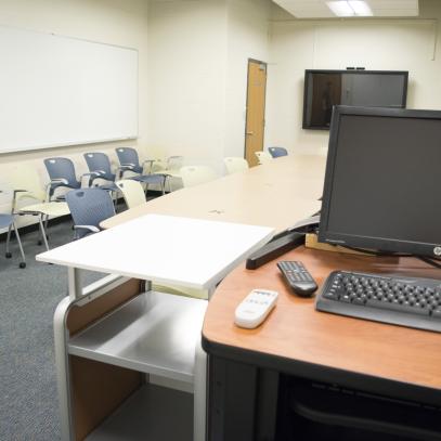 Lectern in foreground, display in background