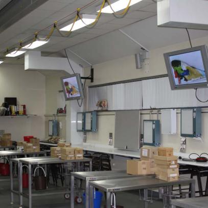 Room with tables and displays